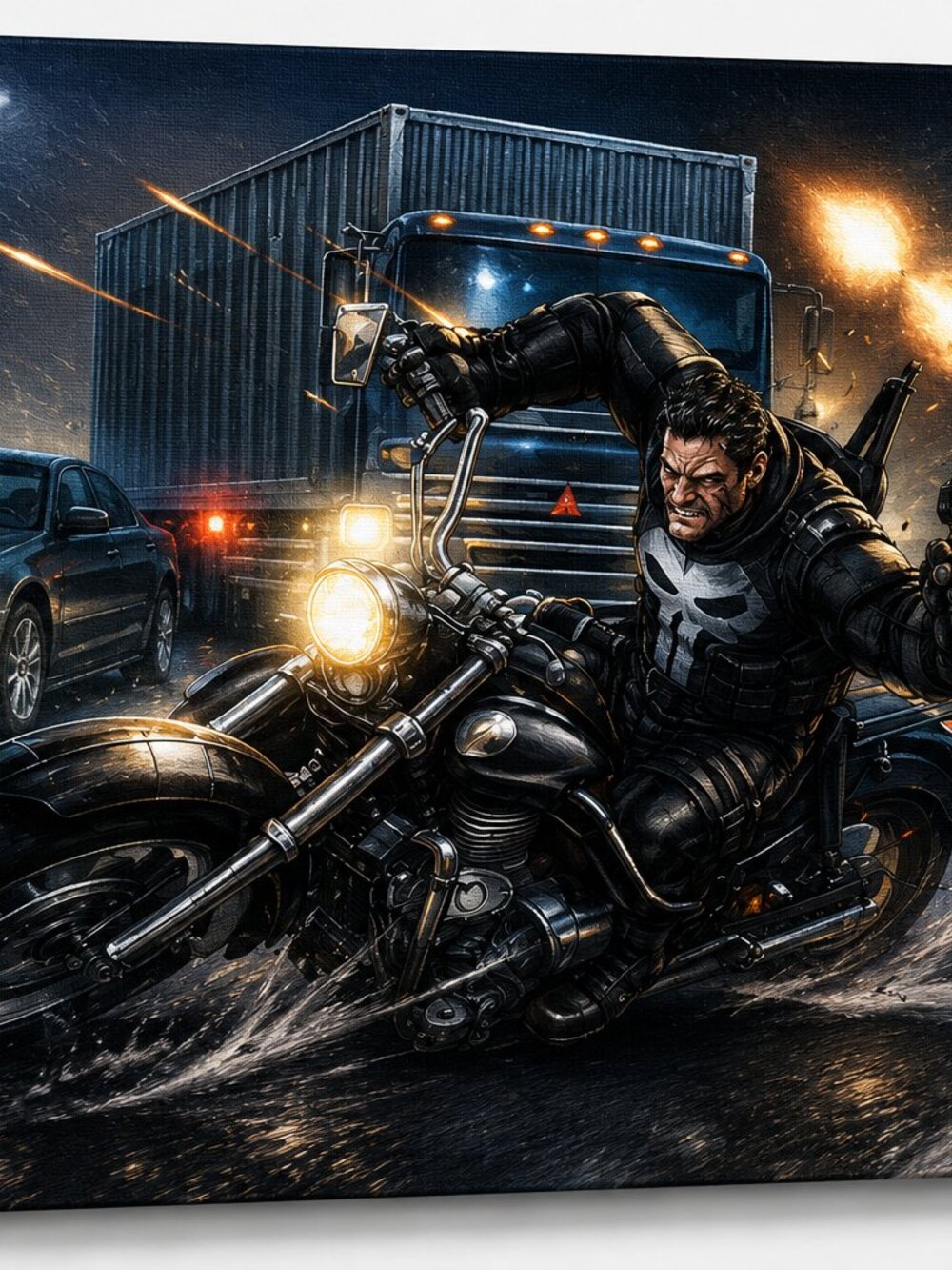 Punisher Motorcycle Chase Canvas Print Marvel Unframed | Wall Art | Man Cave